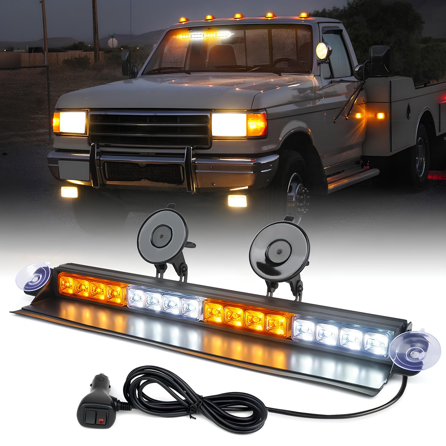 Windshield Dash Strobe Light Bar White Amber LED Suction Cup Hazard Warning Light