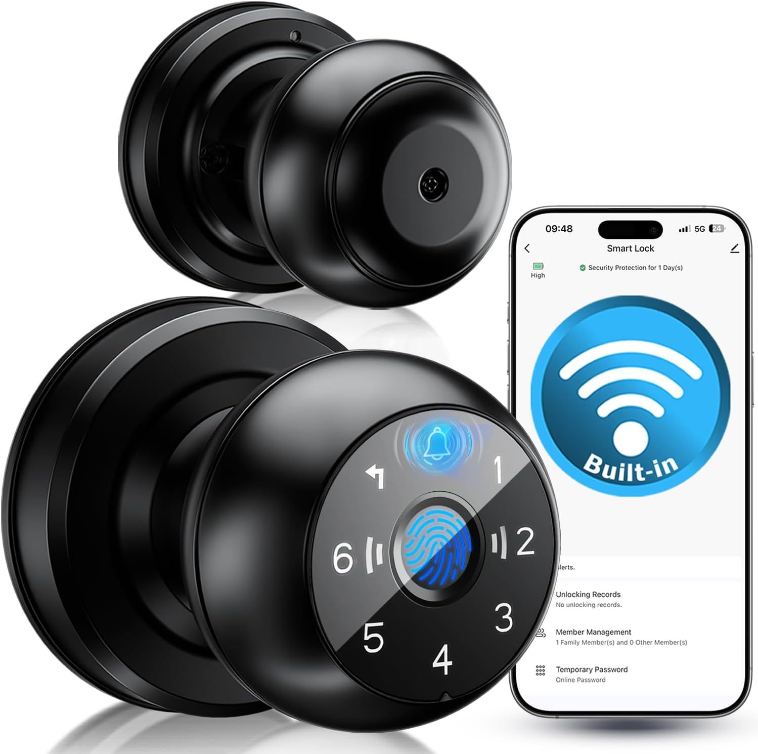 WiFi Smart Fingerprint Door Knob Lock with Keypad App, Remote Unlock &amp; Auto Lock for Bedroom &amp; Office