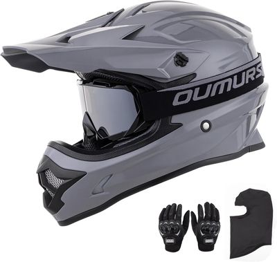 ATV &amp; Motorcycle Helmet Adult Gray Color - Size: XXL with Goggles, Gloves, Mask &amp; Trail Riding
