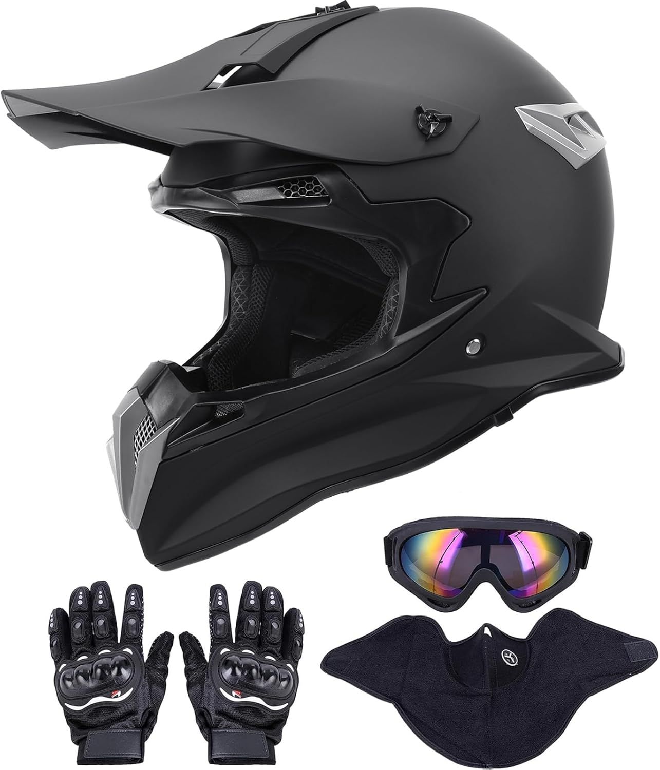 ATV &amp; Motocross Adult Dirt Bike Helmet Matte Black Size: M with Goggles, Gloves &amp; Mask