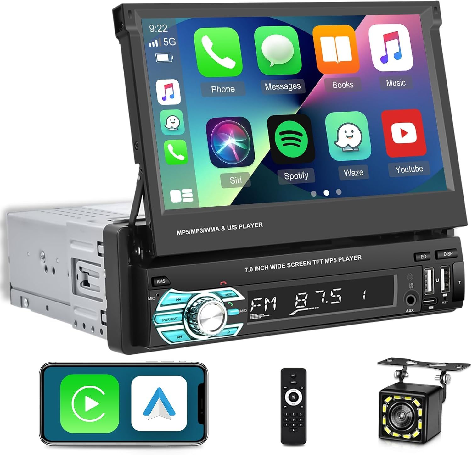 Single Din 7 inch Screen Stereo Flip Out With Wireless CarPlay, Android Auto &amp; Backup Camera