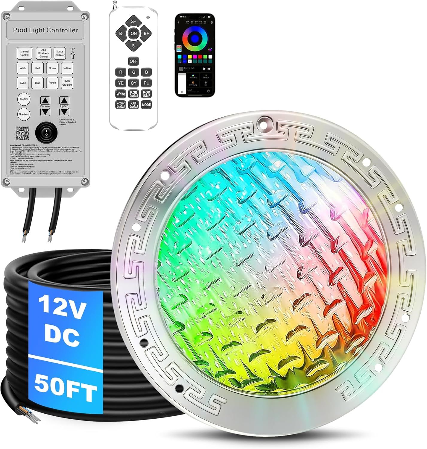 10 Inch Pool Light 12V LED Color Changing  with 50FT Cord, Remote &amp; App Inground Pool Light