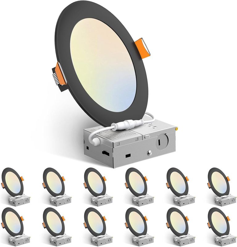 6 Inch Ultra Thin High Brightness LED Recessed Ceiling Lights 5CCT Dimmable Black 12 Pack