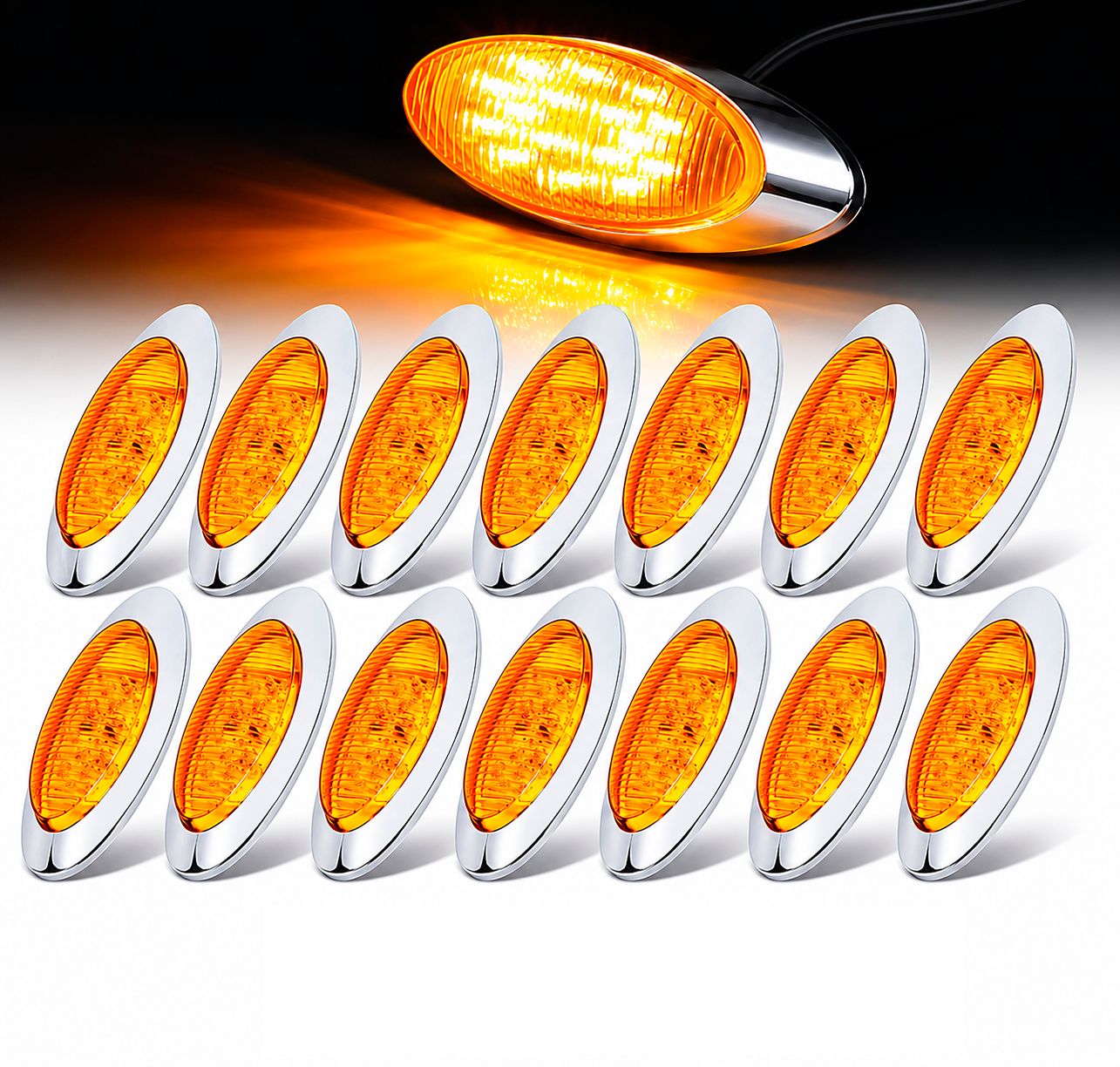 14 Pack 6.5 Inch Oval  16 LED Amber Side Marker Lights with Chrome Bezel For All Trucks