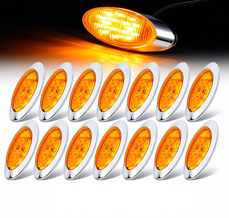 14 Pack 6.5 Inch Oval  16 LED Amber Side Marker Lights with Chrome Bezel For All Trucks