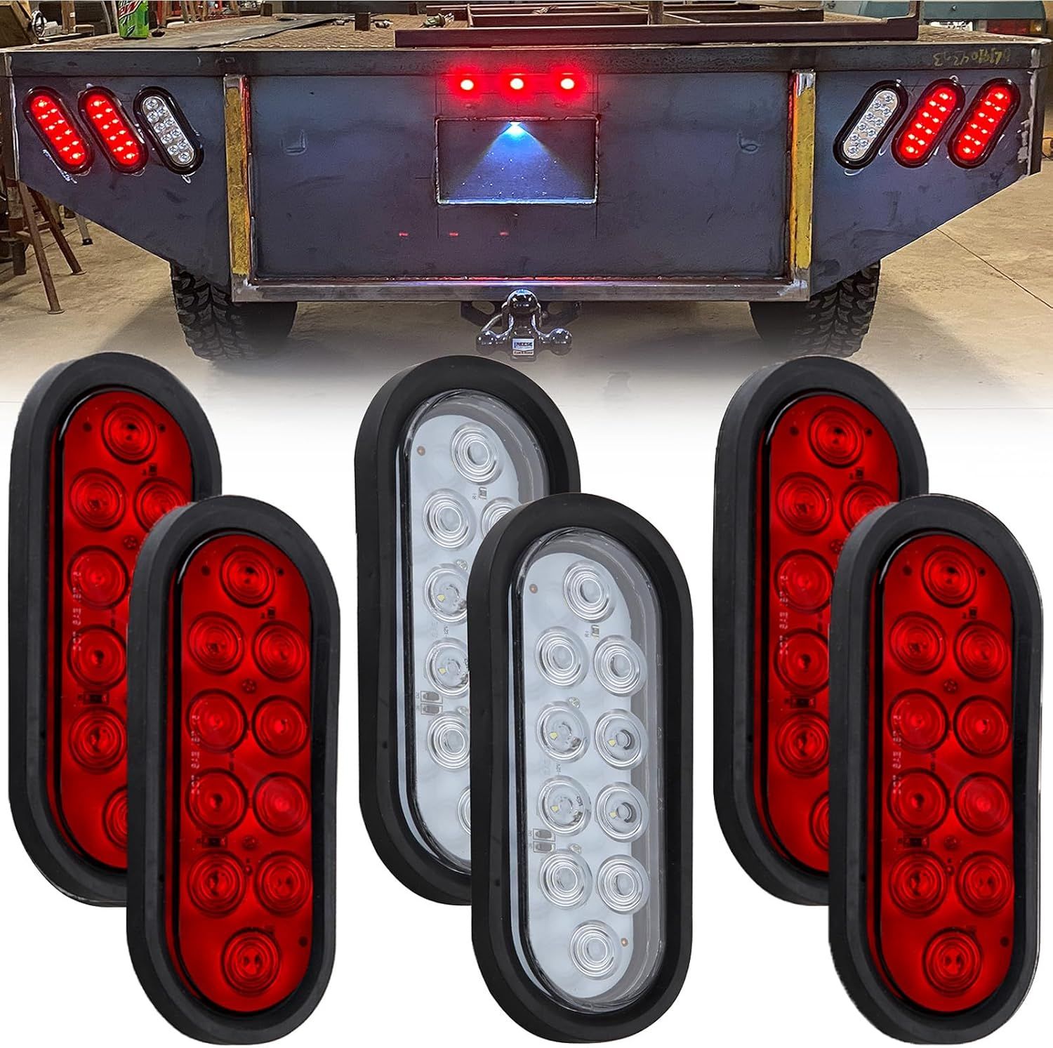 6 Pcs LED Trailer Tail Light Kit 6 Inch Oval Red &amp; White Lights Waterproof