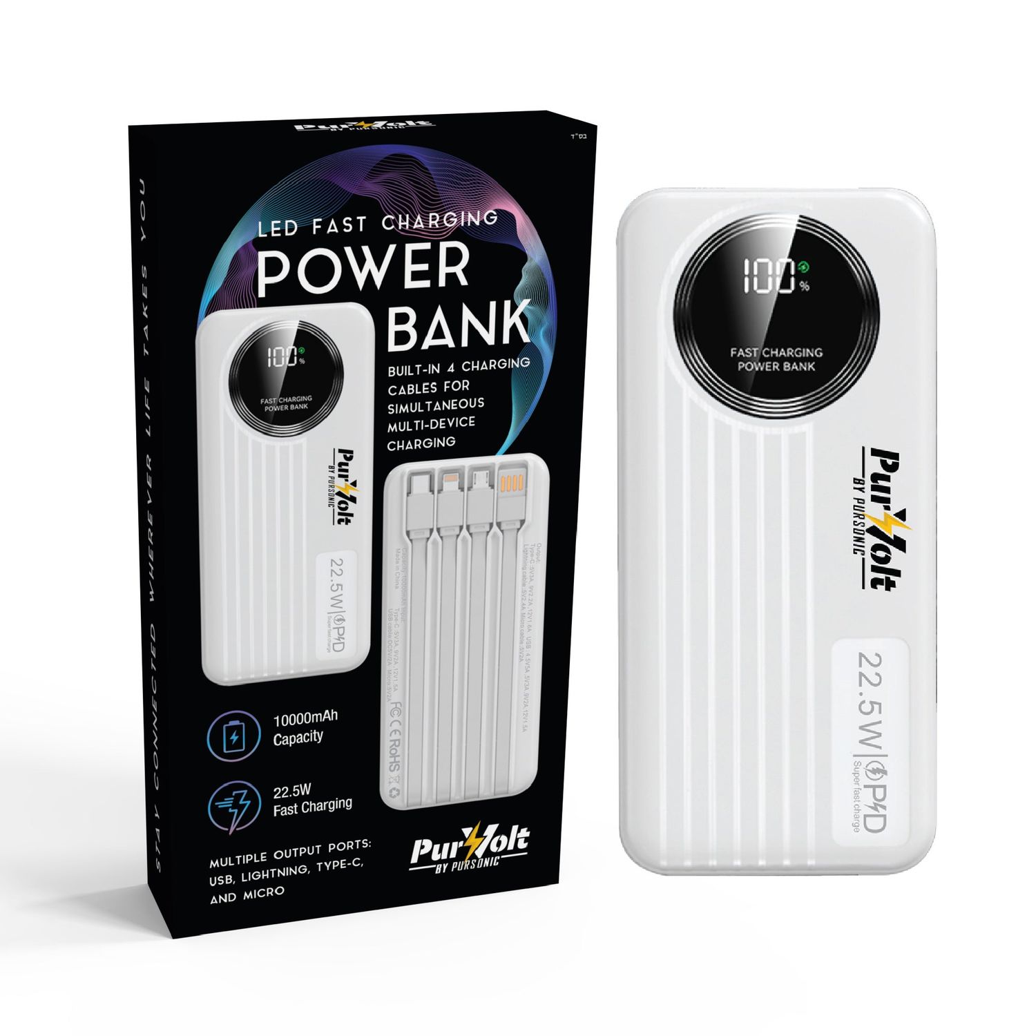 Pursonic 10,000mAh LED Fast Charging Power Bank – Built-in Cables, 22.5W Output, Type-C/USB/Lightning Compatibility