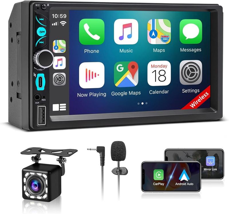 Double Din HD Screen 7 Inch Stereo with CarPlay, Android Auto &amp; Backup Camera