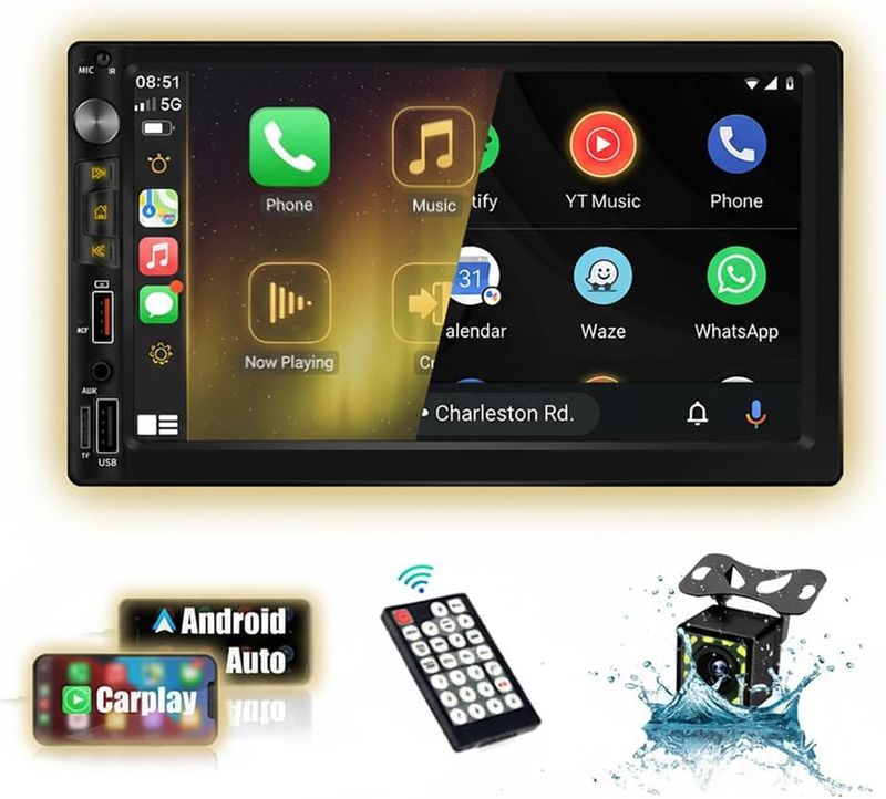 Double Din HD Screen 7" Stereo with Apple CarPlay, Android Auto, Bluetooth &amp; Backup Camera