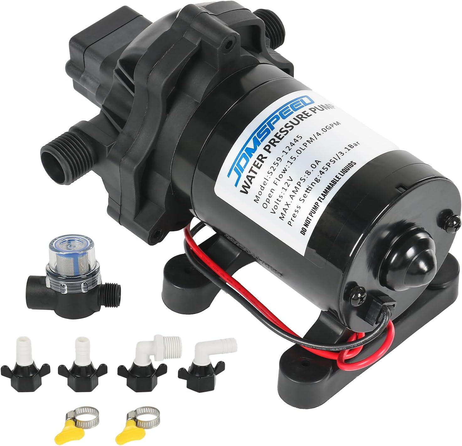 12V Diaphragm Water Pump 4.0 GPM 45 PSI For Fresh Water System for RV &amp; Camper