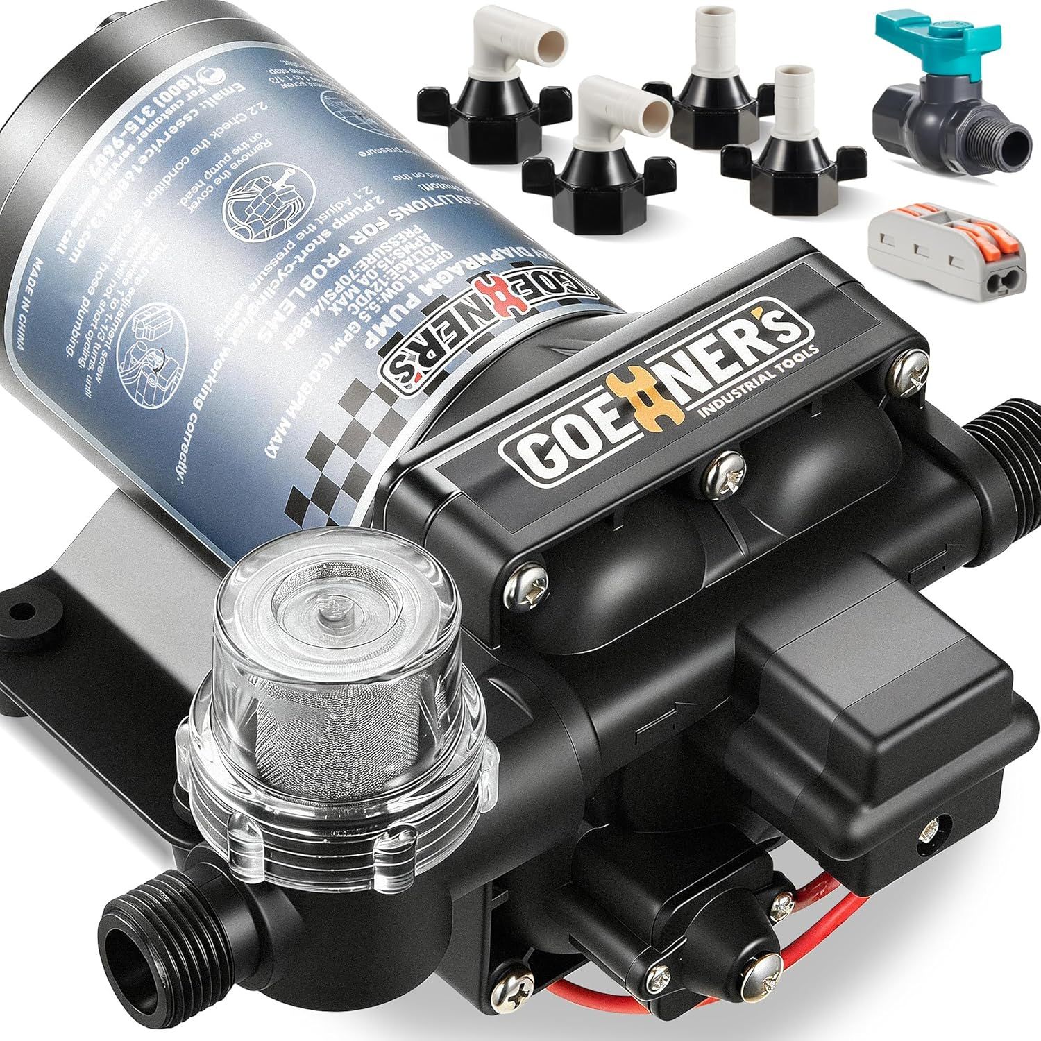 12V Diaphragm Water Pump 6.0GPM &amp; 70PSI for RV, Marine &amp; Camper Self Priming Quiet Pump System