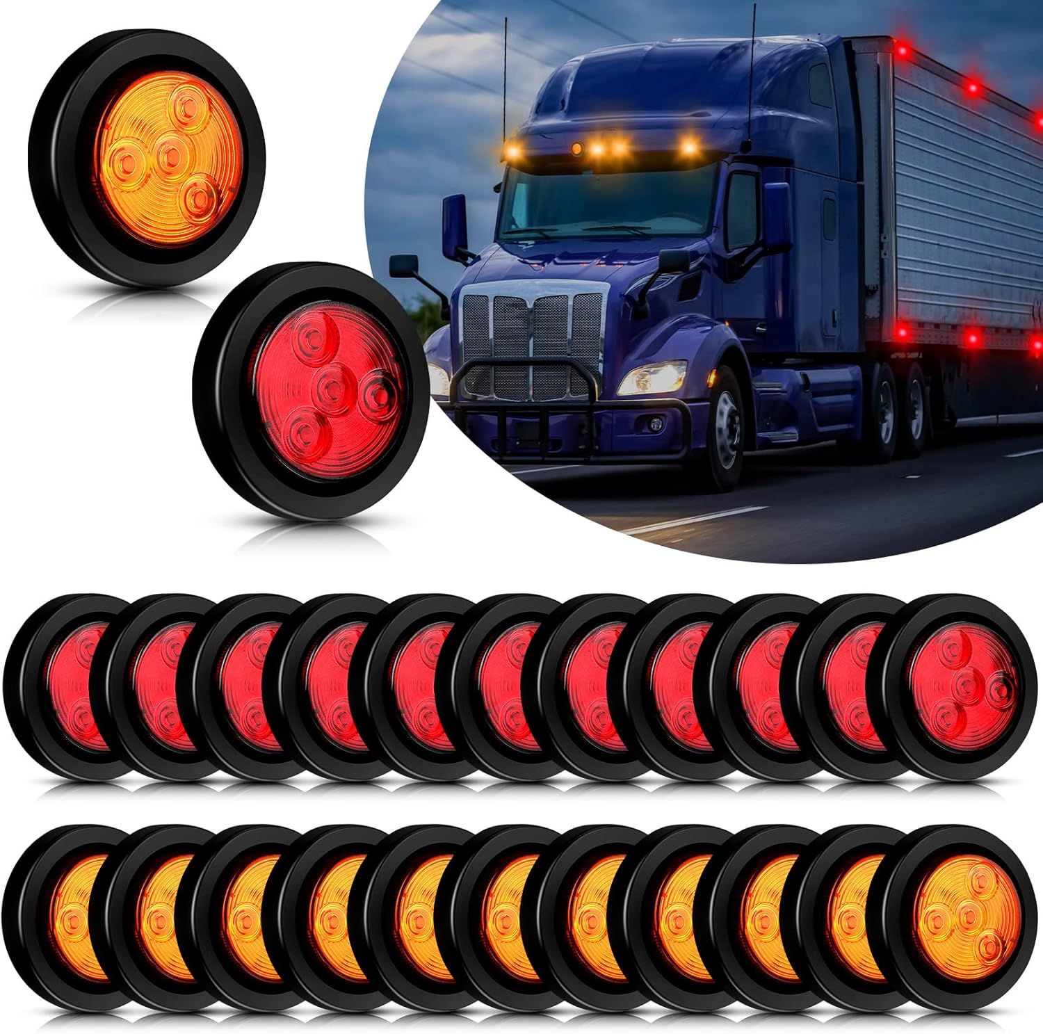 2 Inch Round LED Marker Lights 24 Pack Amber/Red Trailer Lights Waterproof