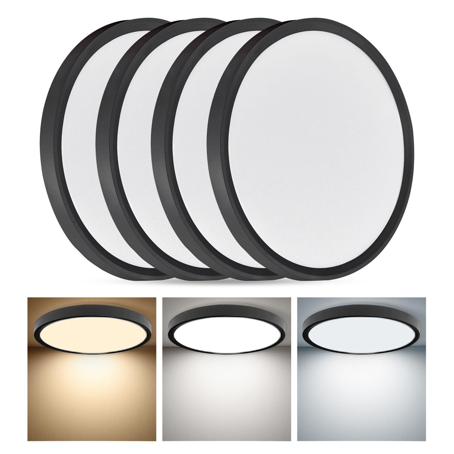 12 Inch LED Ceiling Lights 24W 2520LM 3CCT Selectable Flush Mount 4 Pack (Black)