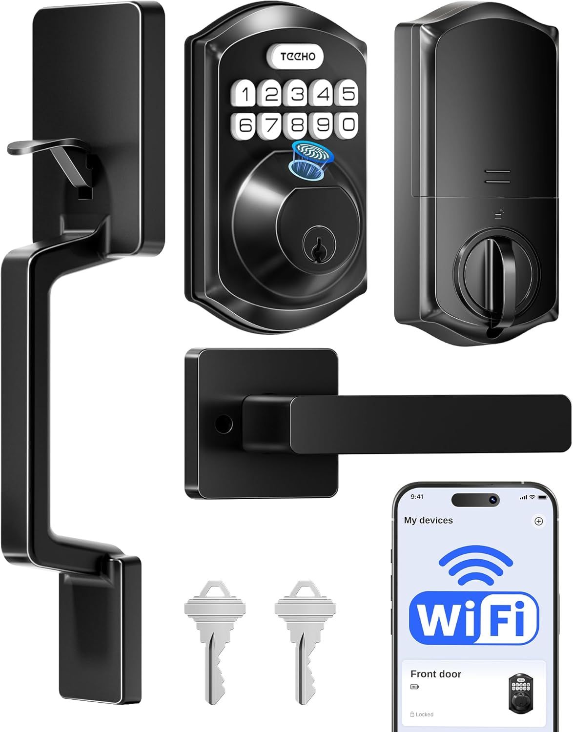 WiFi Door Lock with Keypad Entry &amp; Fingerprint Access and Handle Set Matte Black Design