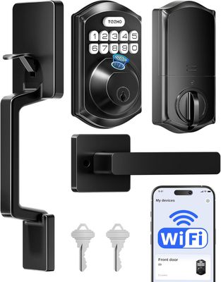 WiFi Door Lock with Keypad Entry &amp; Fingerprint Access and Handle Set Matte Black Design