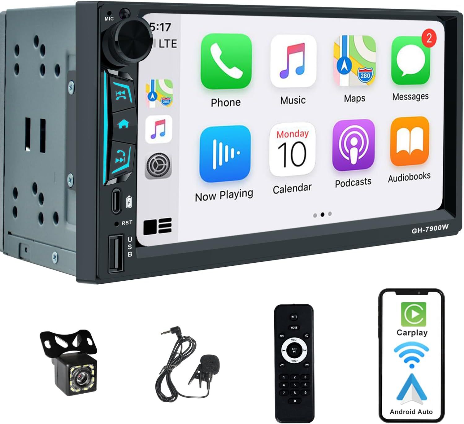 Double Din Screen 7 Inch Stereo with Wireless CarPlay, Android Auto &amp; Backup Camera