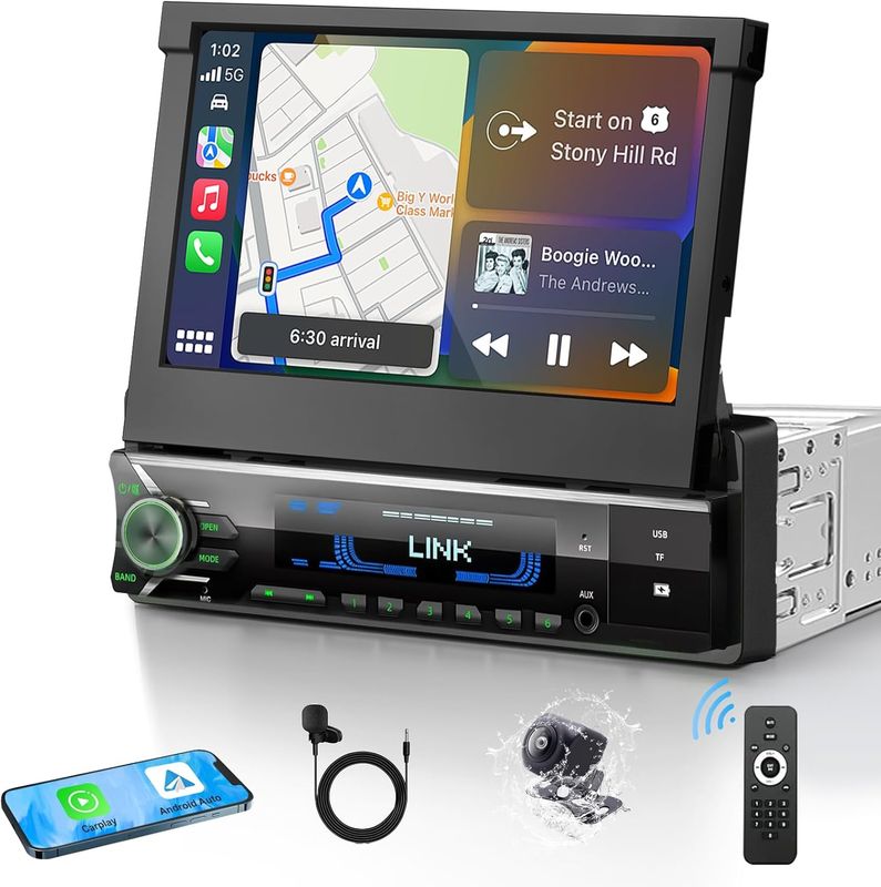 Single Din Screen 7 Inch Stereo QLED Motorized Flip Out With Touchscreen &amp; Backup Camera