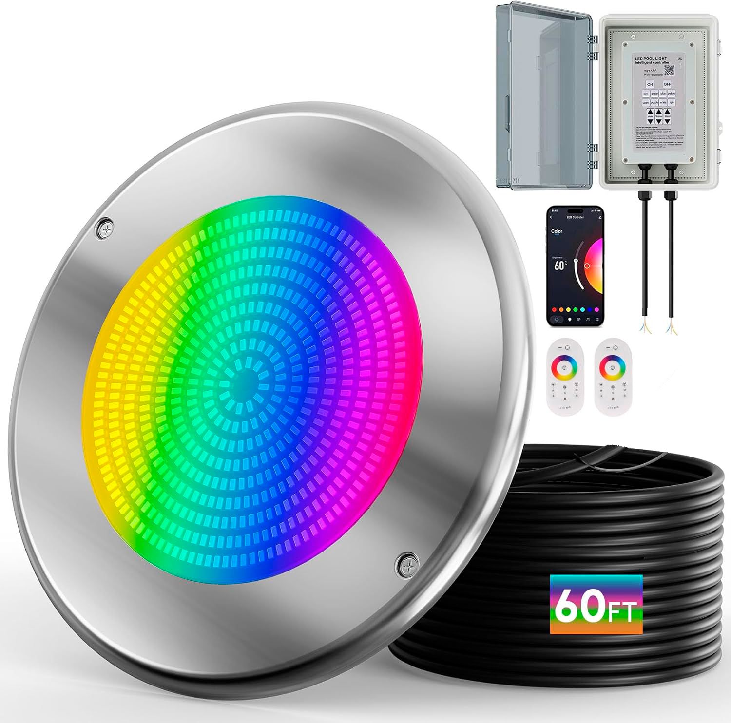 10 Inch 60W LED Smart Pool Light with Remote APP Control and 60FT Cord