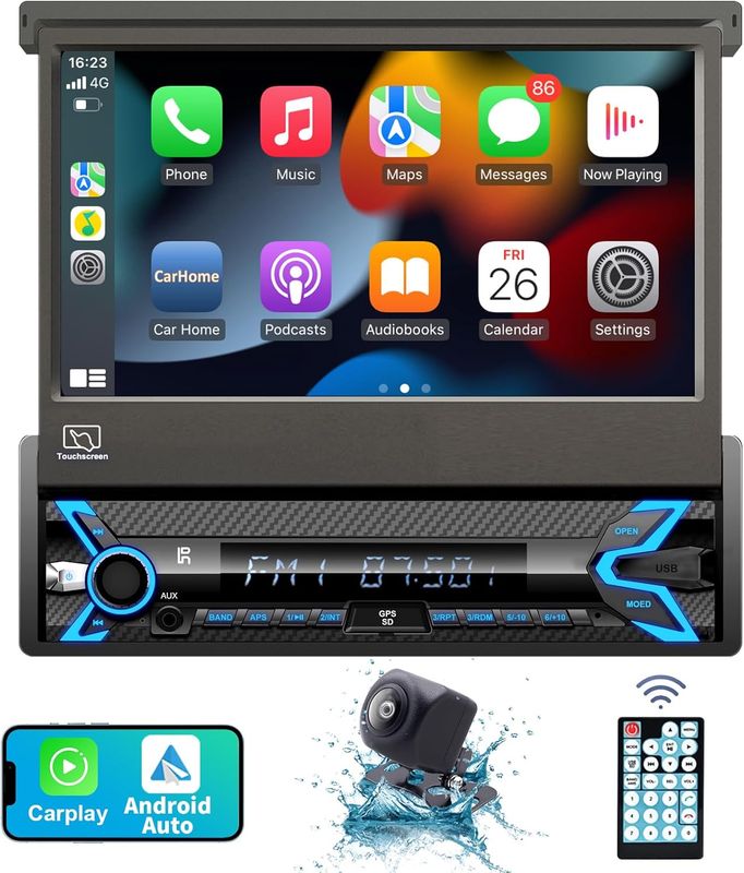 Single Din Screen 7 Inch Stereo QLED With CarPlay, Android Auto &amp; Backup Camera