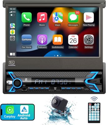 Single Din Screen 7 Inch Stereo QLED With CarPlay, Android Auto &amp; Backup Camera