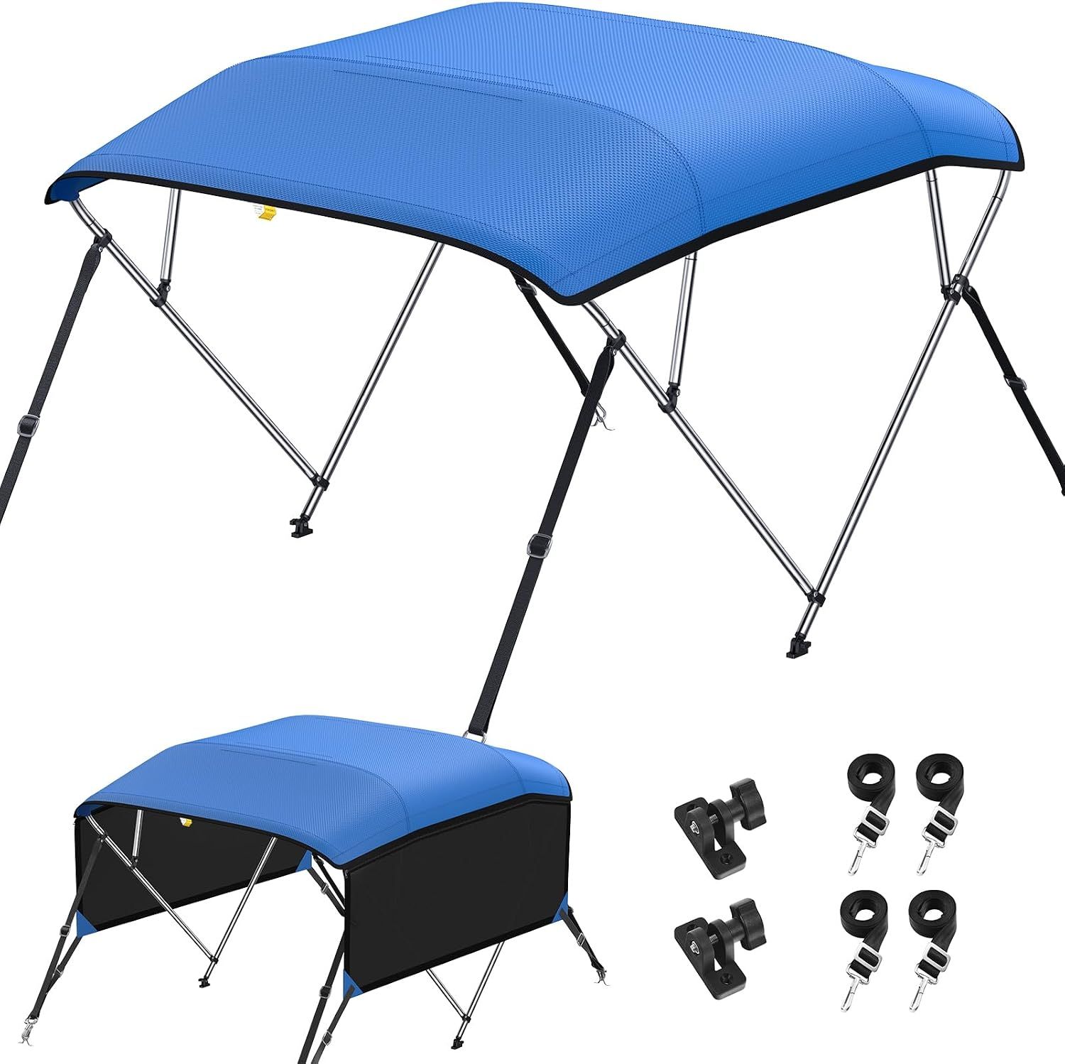 4 Bow Bimini Top 8FT Blue Boat Canopy with Mesh Side Panels