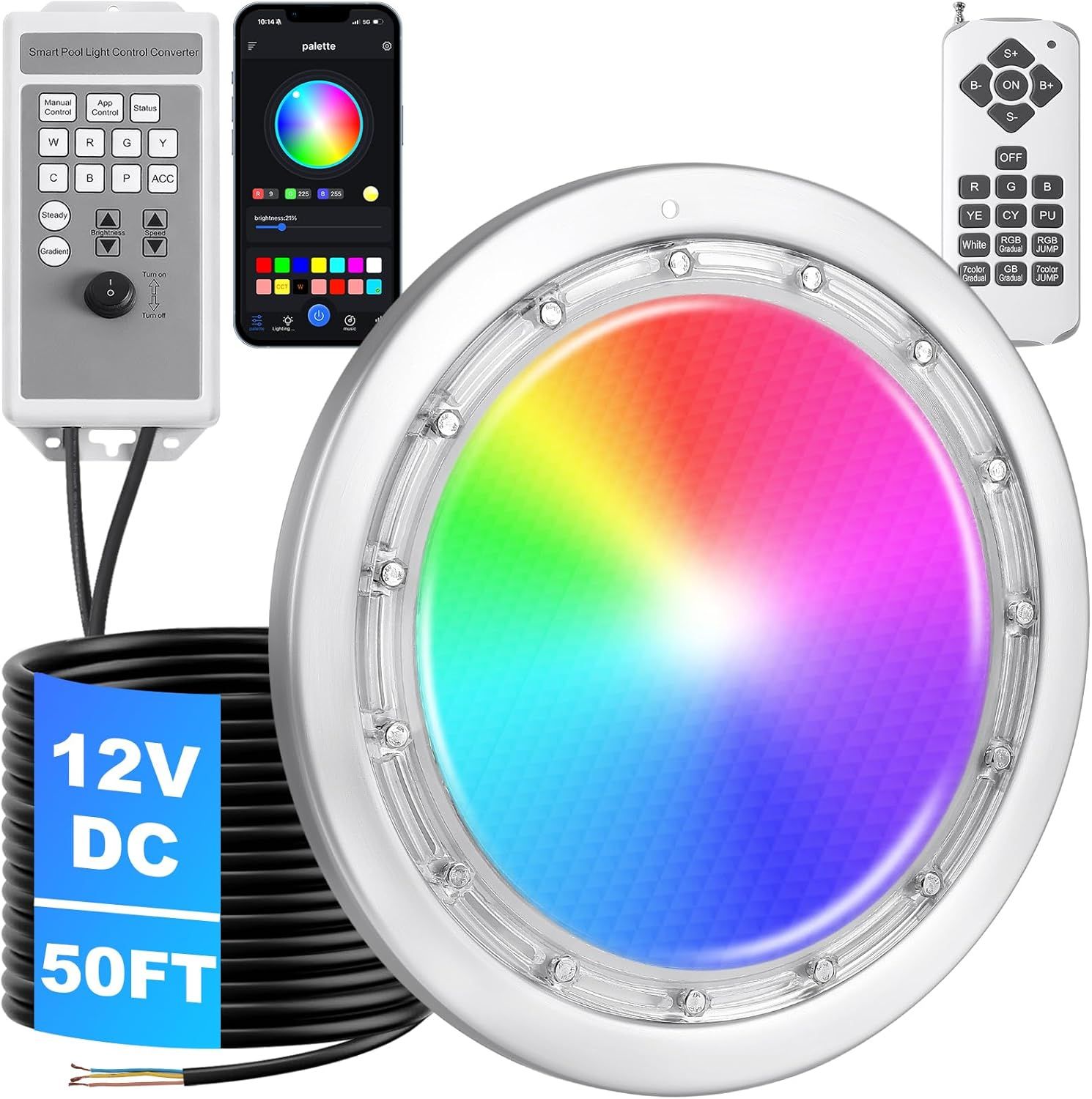 10 Inch RGB Pool Light with APP Control for Inground Pools with 50FT Power Cord