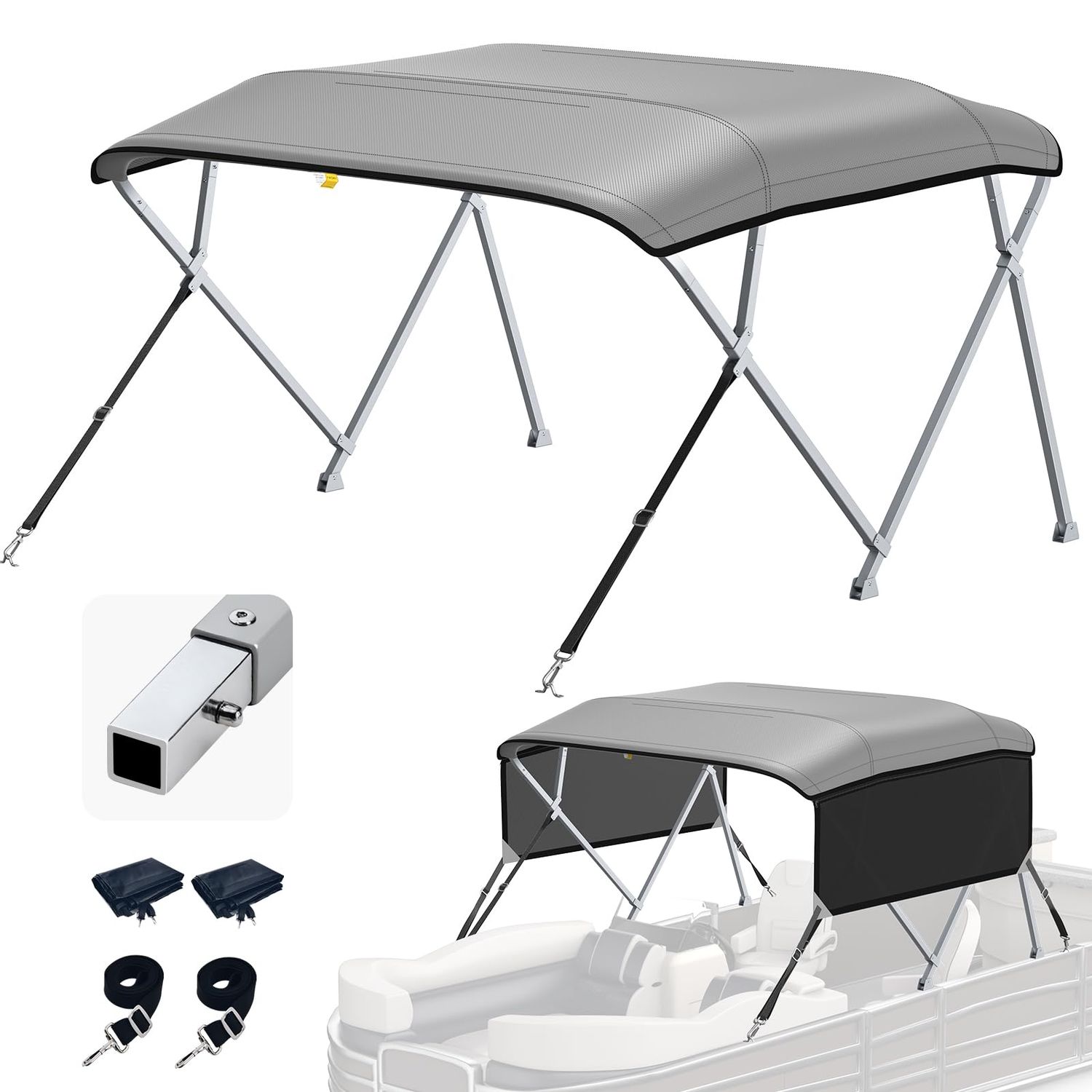 4 Bow Pontoon Bimini Top 10FT Gray with Mesh Sidewalls