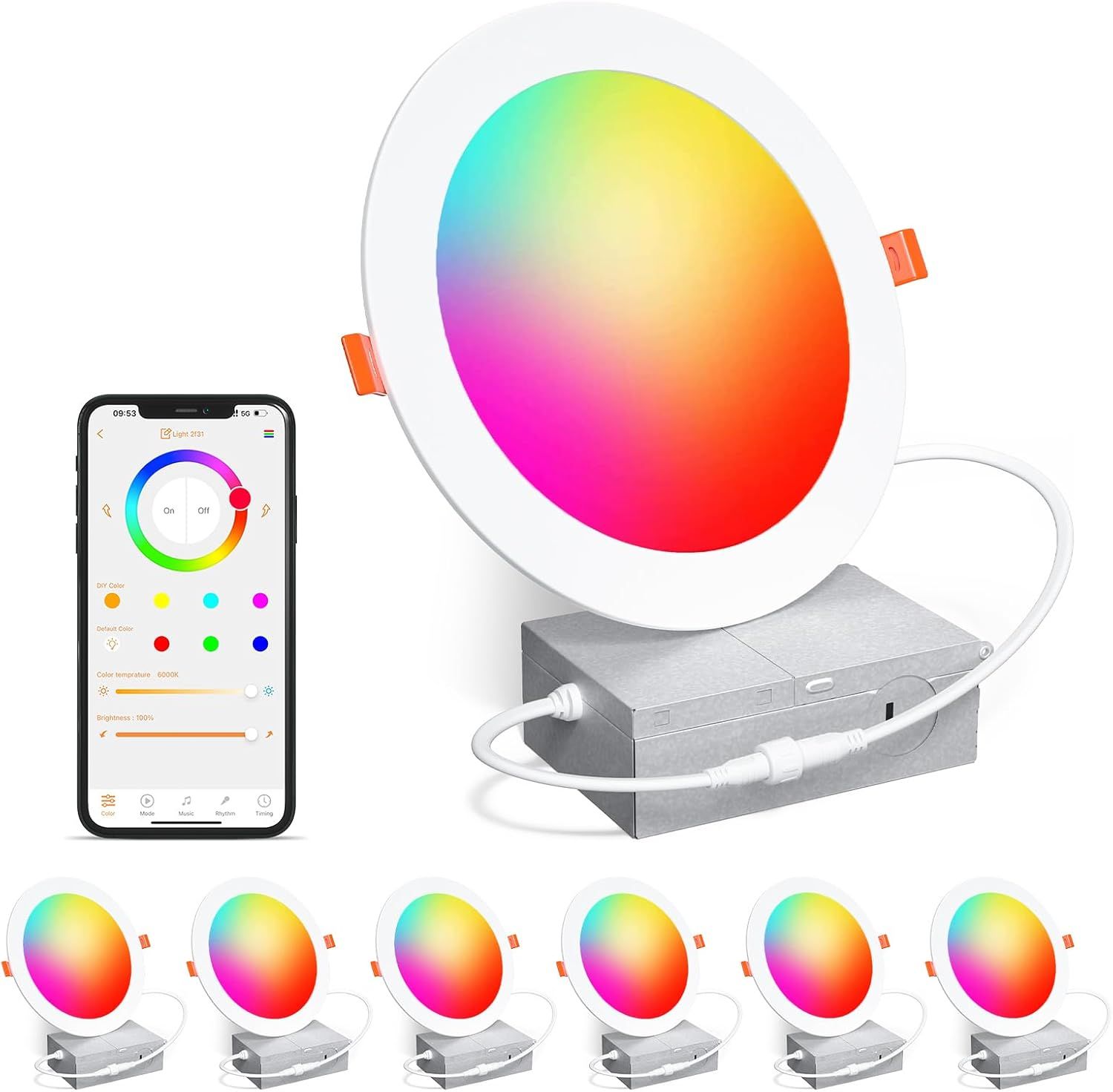 6 Inch Smart LED Recessed Lights RGB Color Changing 6 Pack