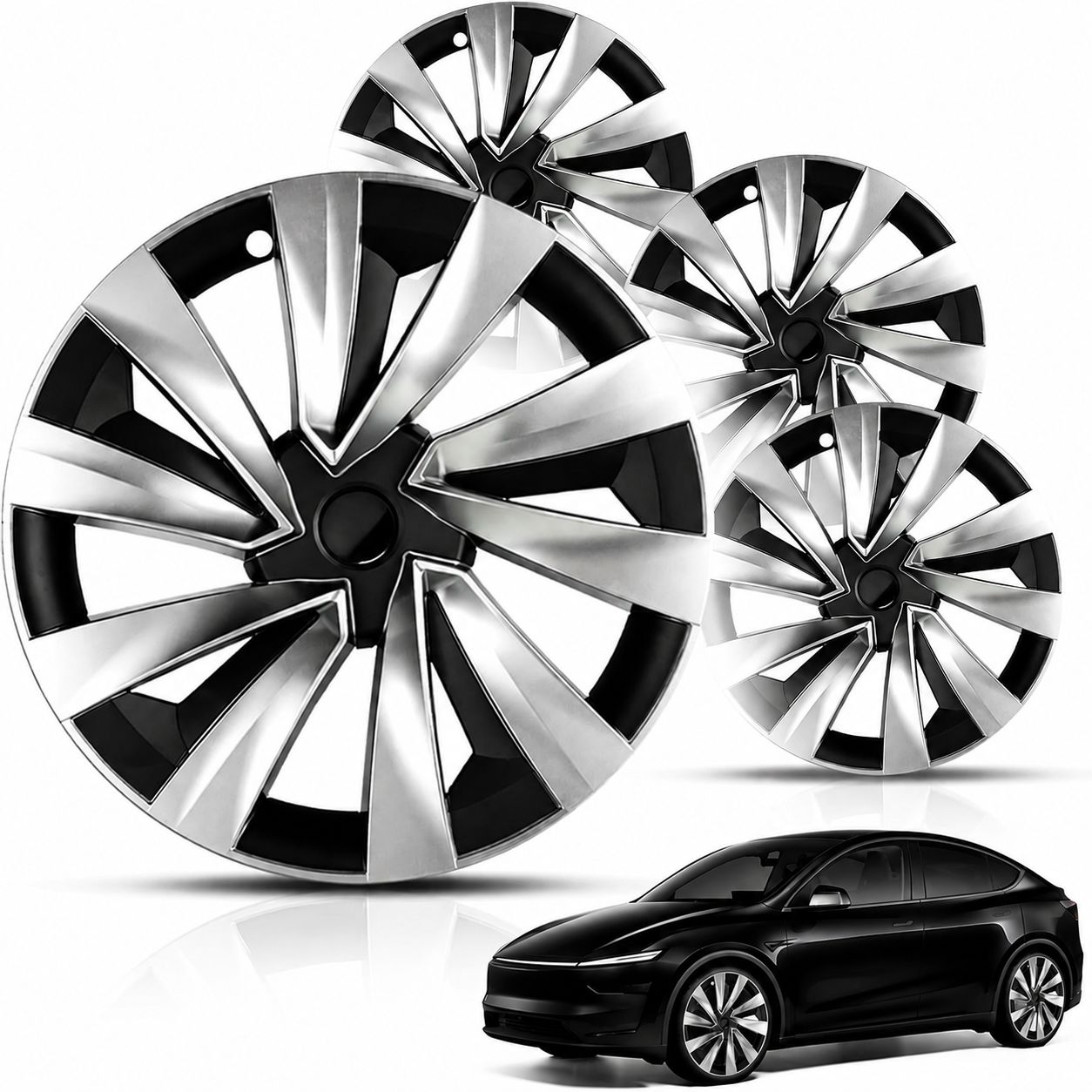 Tesla Model Y Juniper 4 Pcs 19" Wheel Covers Black Silver Set