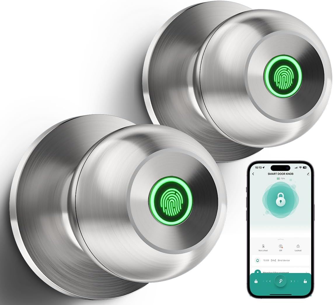 Smart Door Knob with Fingerprint Lock 2 Pcs Burnished Silver