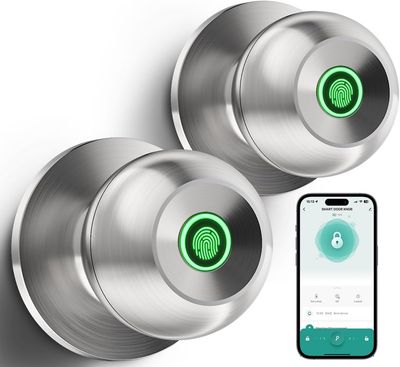 Smart Door Knob with Fingerprint Lock 2 Pcs Burnished Silver