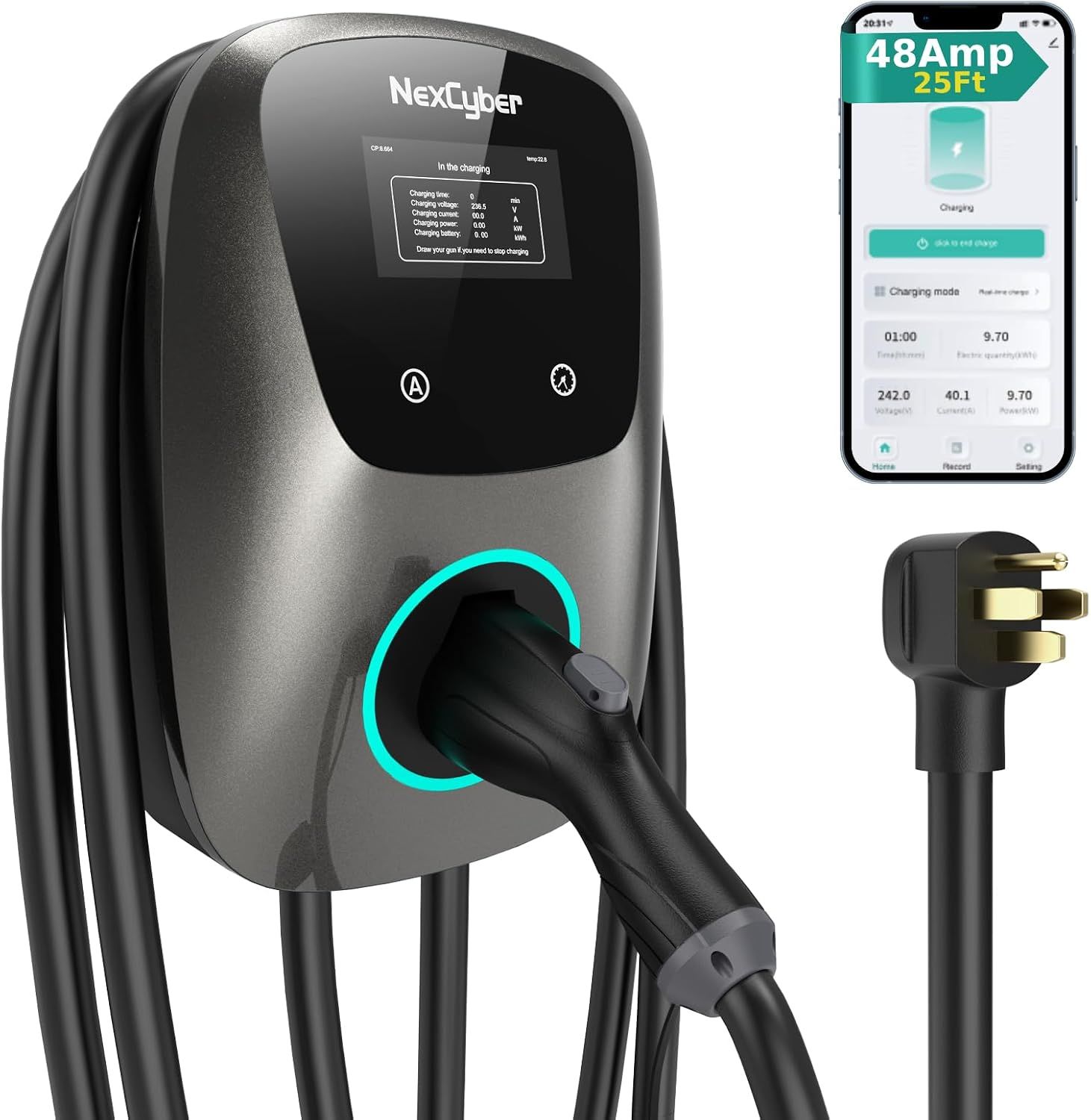 EV Charger Station Level 2 48A NEMA 14-50 25FT Cable J1772 with WiFi