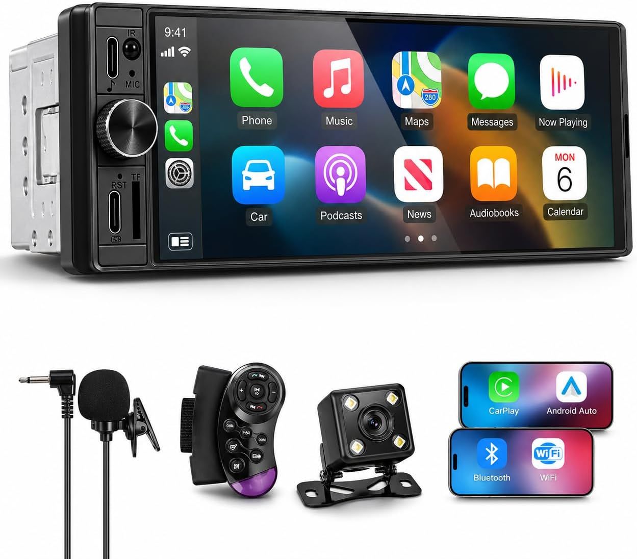 6.5 Inch Single Din Stereo Android Auto with Wireless CarPlay &amp; Backup Camera