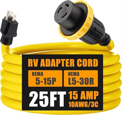 25FT 30A to 15A RV Adapter Cord NEMA 5-15P to L5-30R
