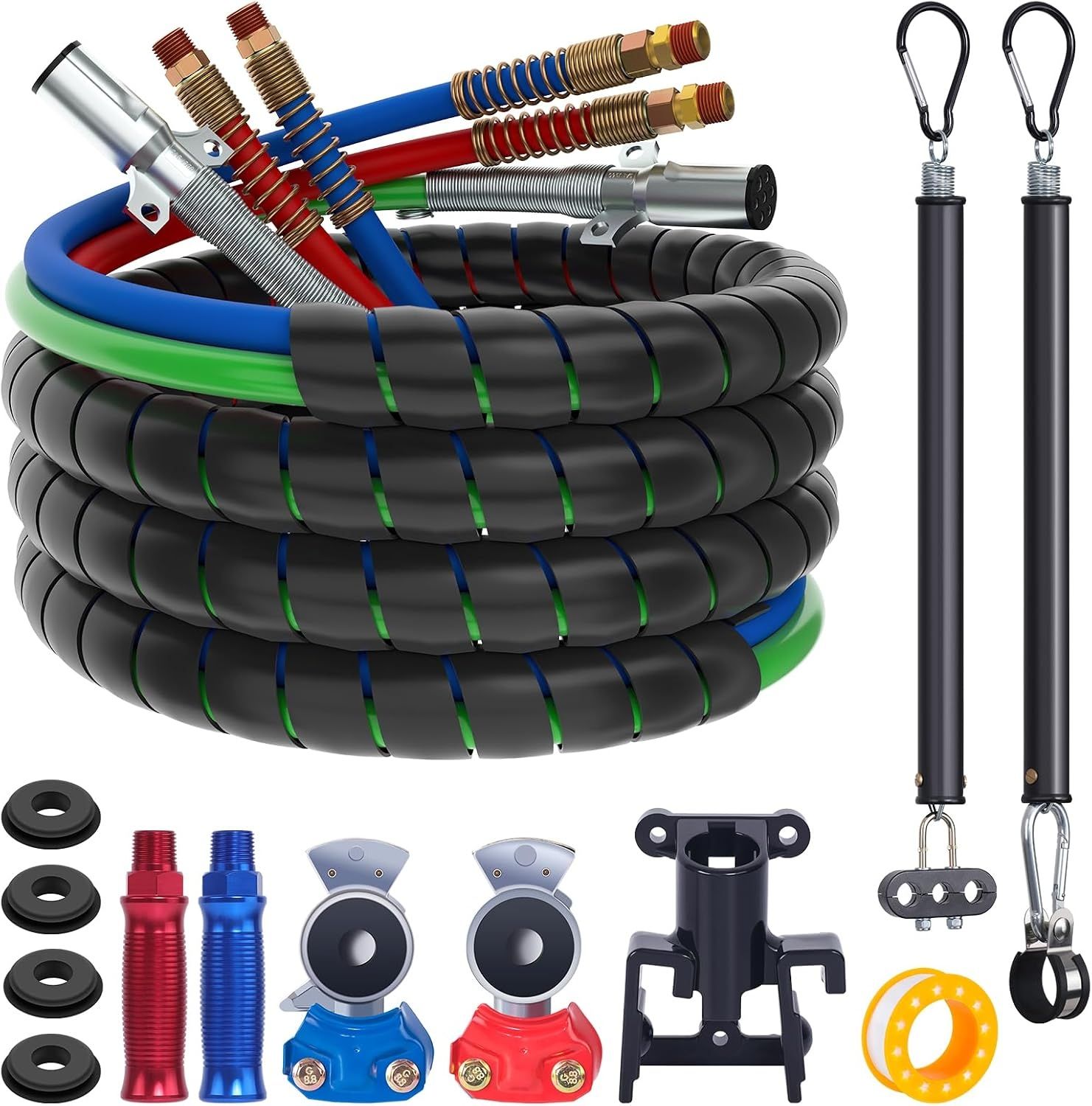 15FT Semi Truck &amp; Trailer Air Line Set Red &amp; Blue Hoses 7 Way Cord