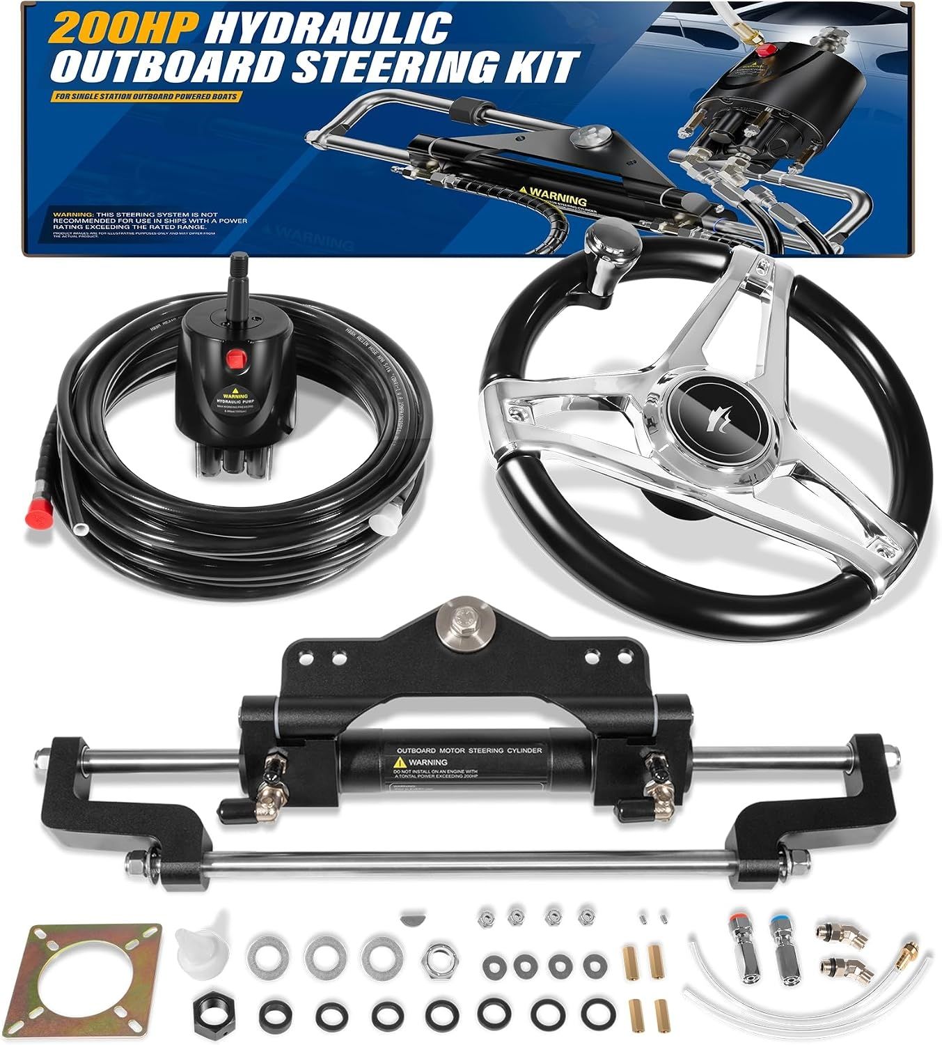 200HP Hydraulic Outboard Boat Steering Kit with 26FT PU Hoses
