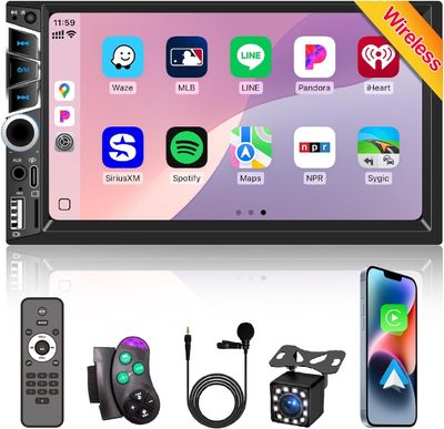 7 Inch Double Din Stereo with Wireless CarPlay Android Auto &amp; Backup Camera