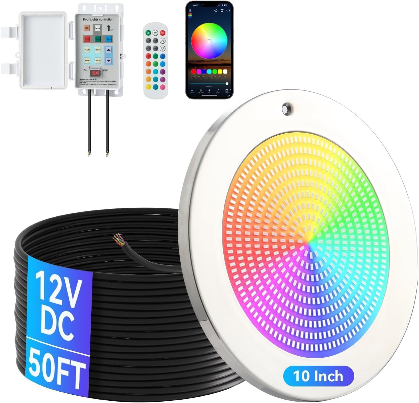 10 Inch 54W 12V LED Pool Light 50FT Cord with Remote, APP &amp; Control