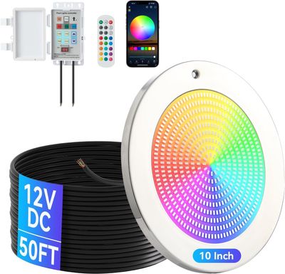 10 Inch 54W 12V LED Pool Light 50FT Cord with Remote, APP &amp; Control