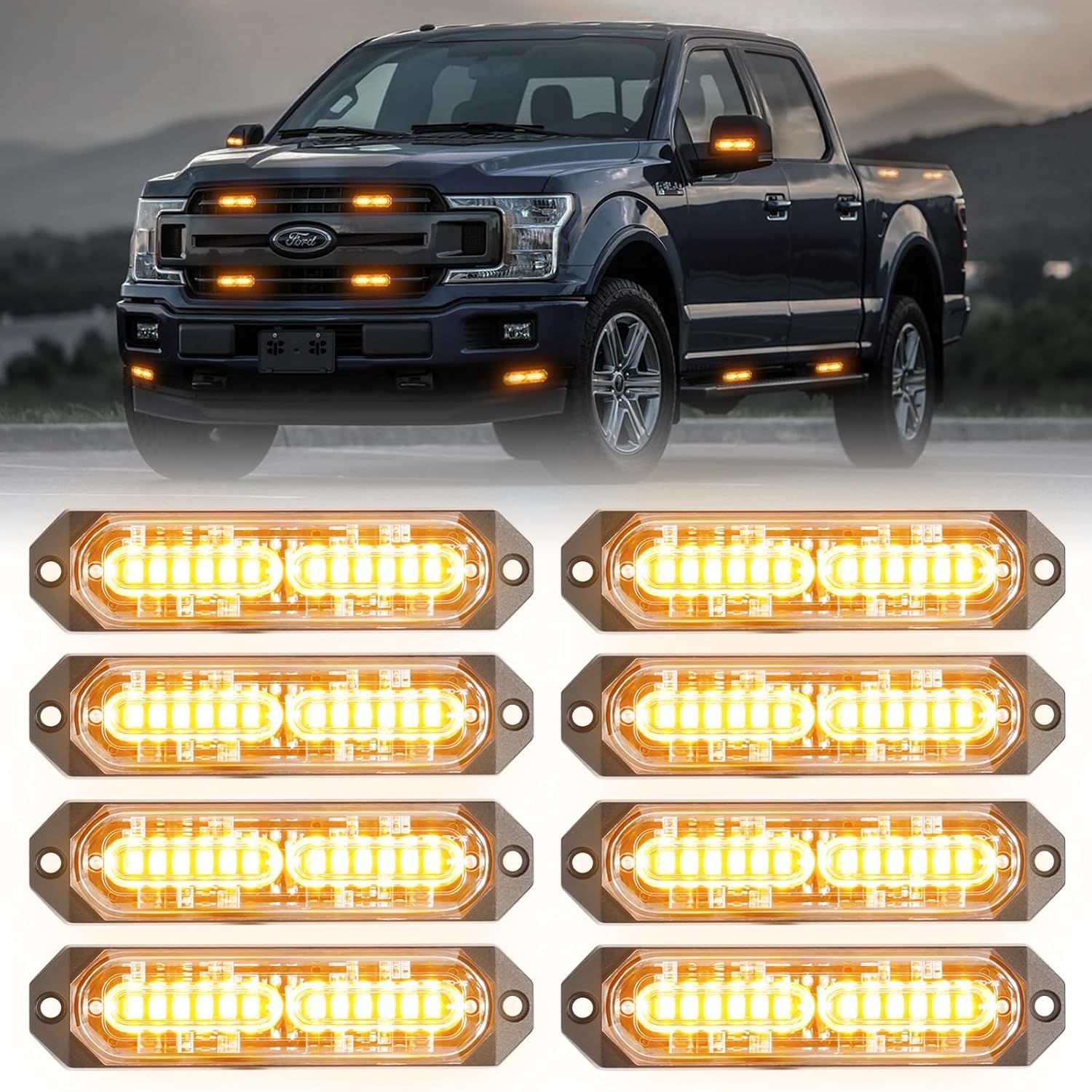8 Pack Amber 12 LED Emergency Strobe Lights for Trucks &amp; Vehicles