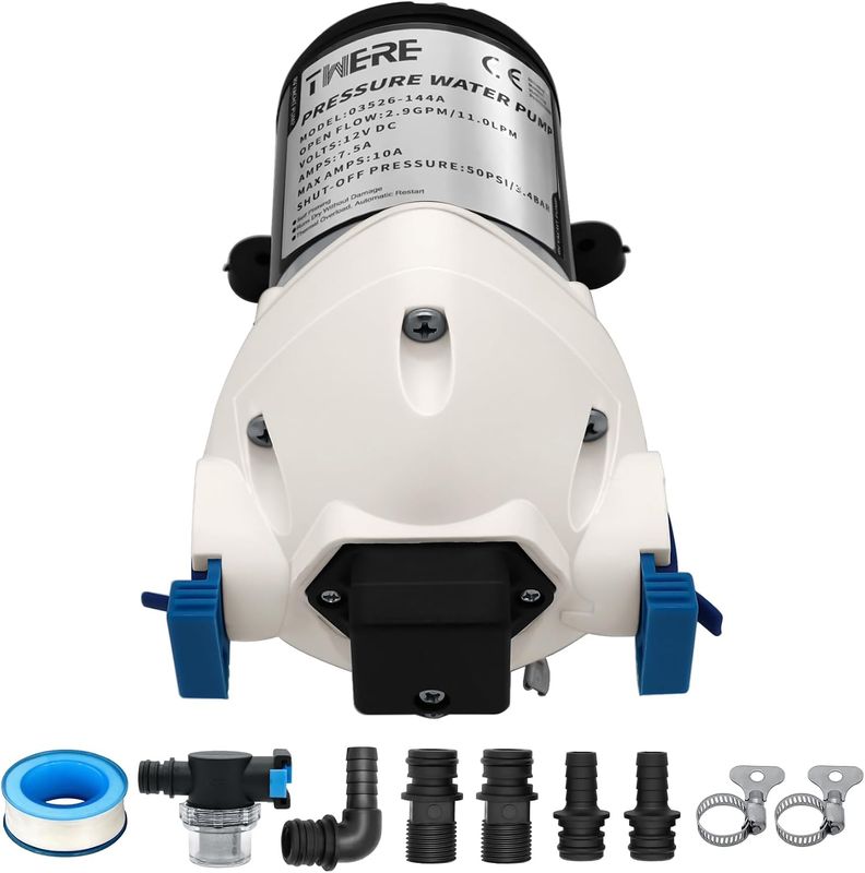 12V Diaphragm Fresh Water Pump 3 GPM 50 PSI for RV, Camper &amp; Marine