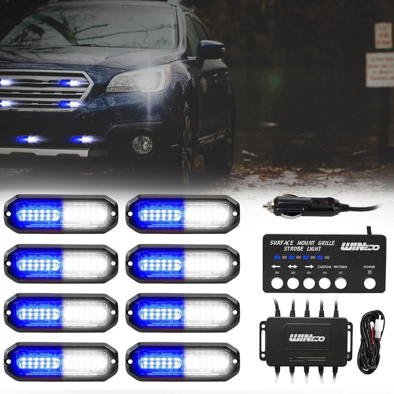 8 Pack LED Blue/White Flashing Warning Strobe Lights for Cars, Pickup &amp; Trucks