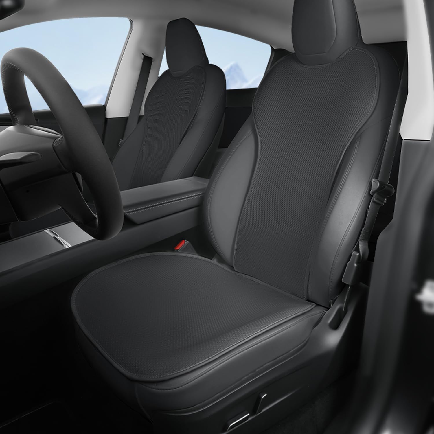 Tesla Model 3 Y X S 2017-2026 Front Seat Cushion Protector In Black Color