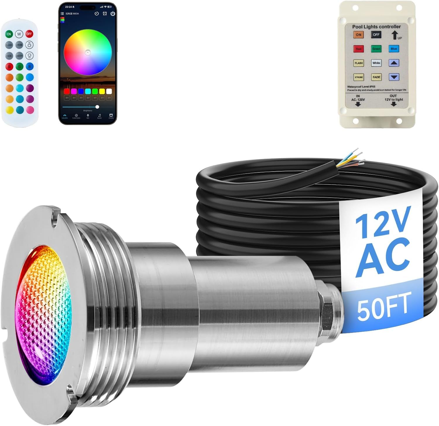 1.5 Inch LED Pool &amp; Spa Light 120V to 12V IP68 Waterproof with 50FT Cord