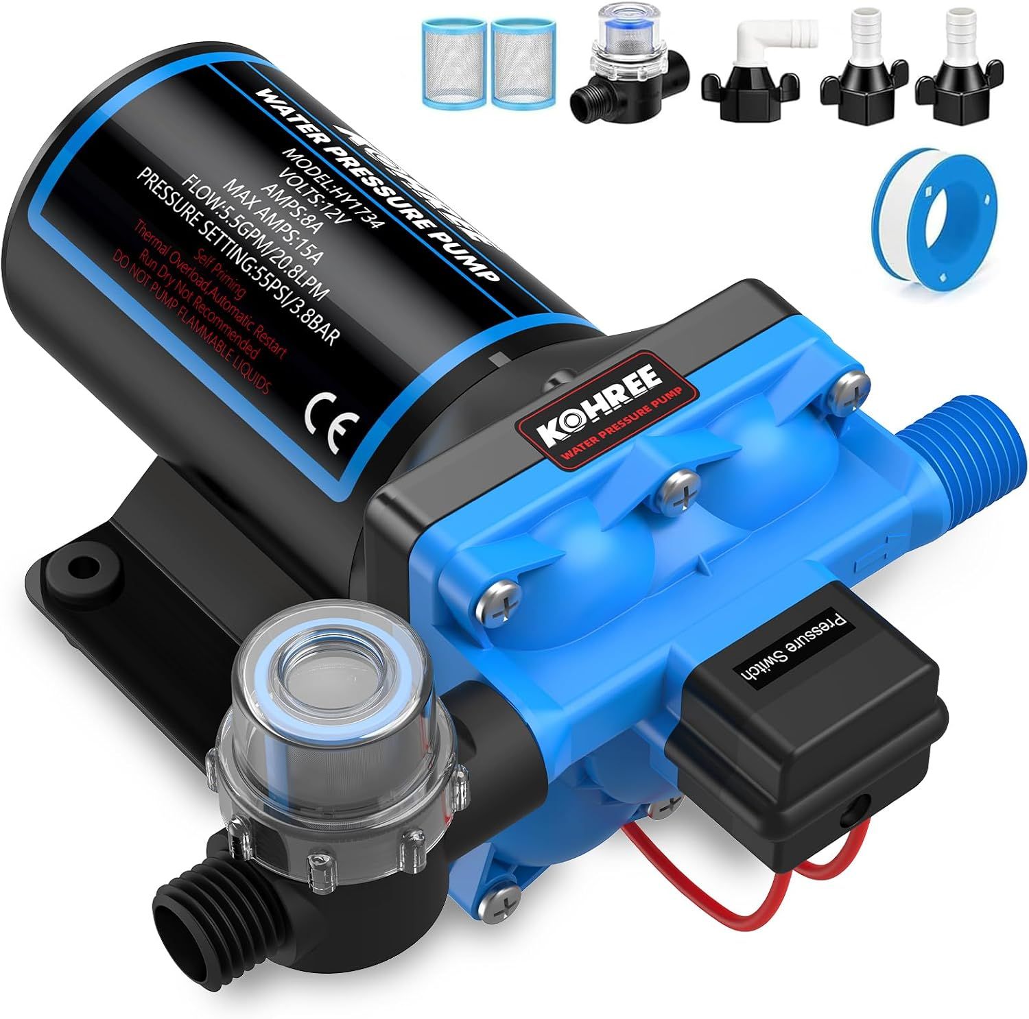 12V Diaphragm RV Water Pump 5.5 GPM 55 PSI Self Priming for RV &amp; Boat