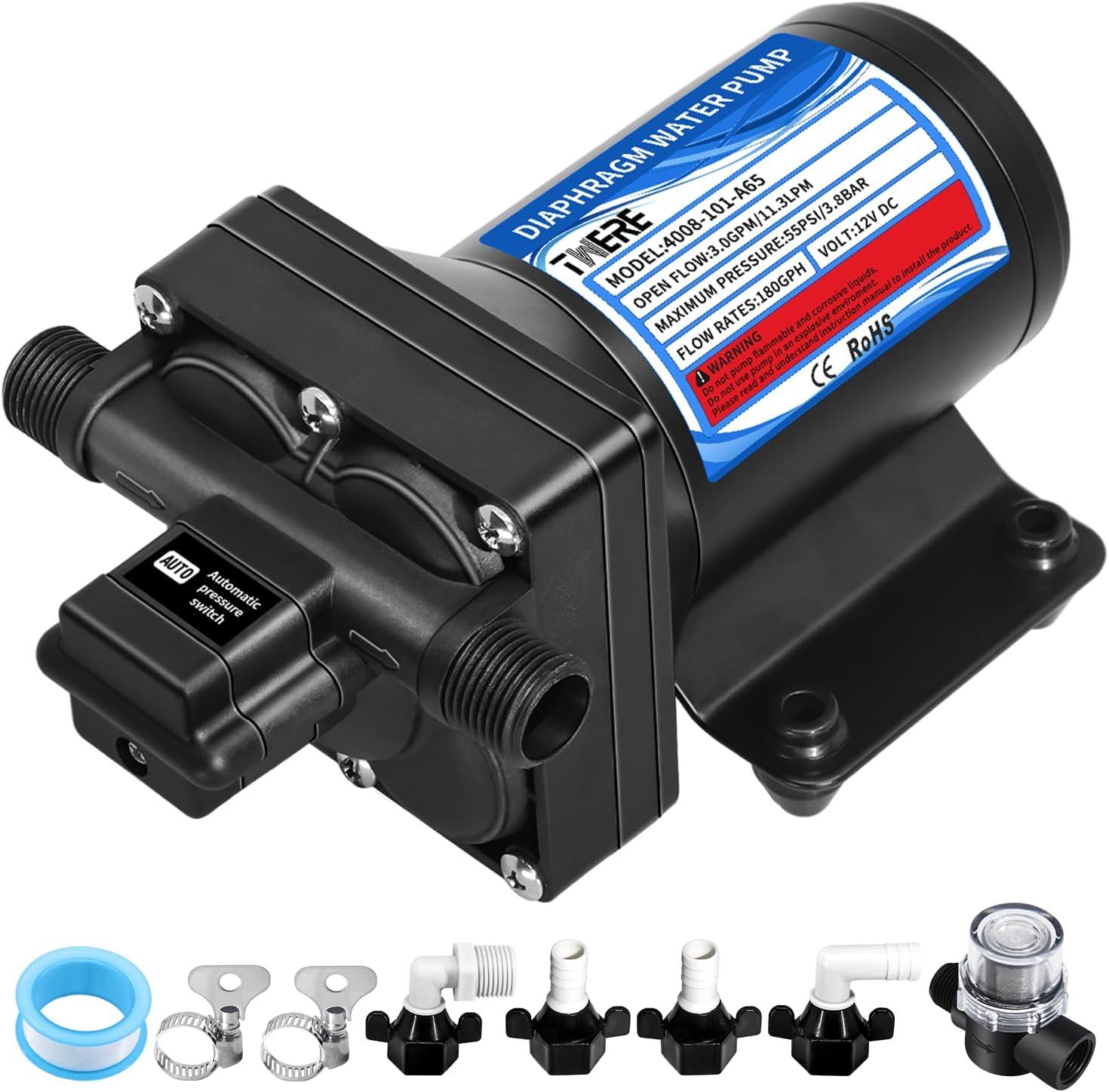 12V Diaphragm RV Water Pump 3.0 GPM 55 PSI Self Priming with Strainer