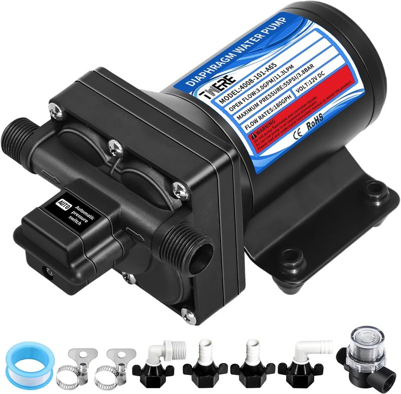 12V Diaphragm RV Water Pump 3.0 GPM 55 PSI Self Priming with Strainer 12V Diaphragm RV Water Pump 3.0 GPM 55 PSI Self Priming with Strainer