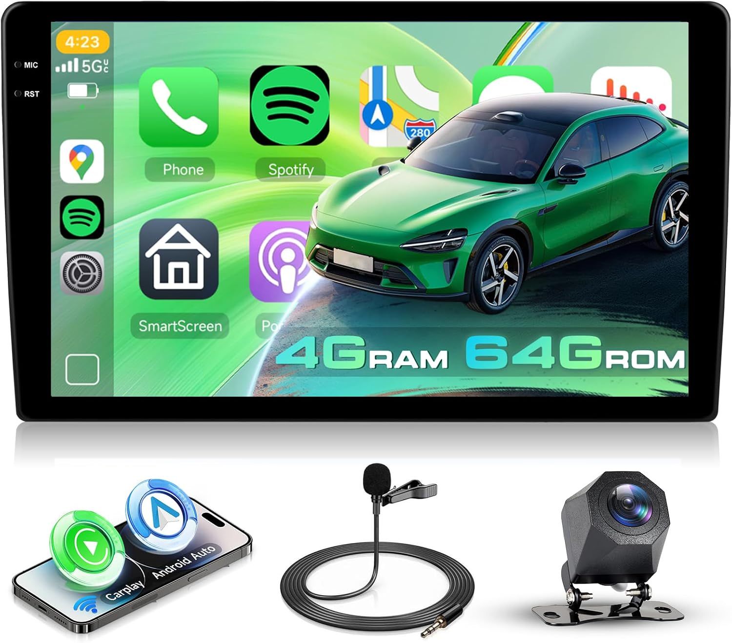 Universal Double Din 10 Inch QLED Car Stereo with CarPlay, Android &amp; Backup Camera