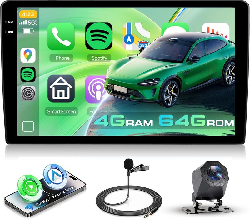 Universal Double Din 10 Inch QLED Car Stereo with CarPlay, Android &amp; Backup Camera