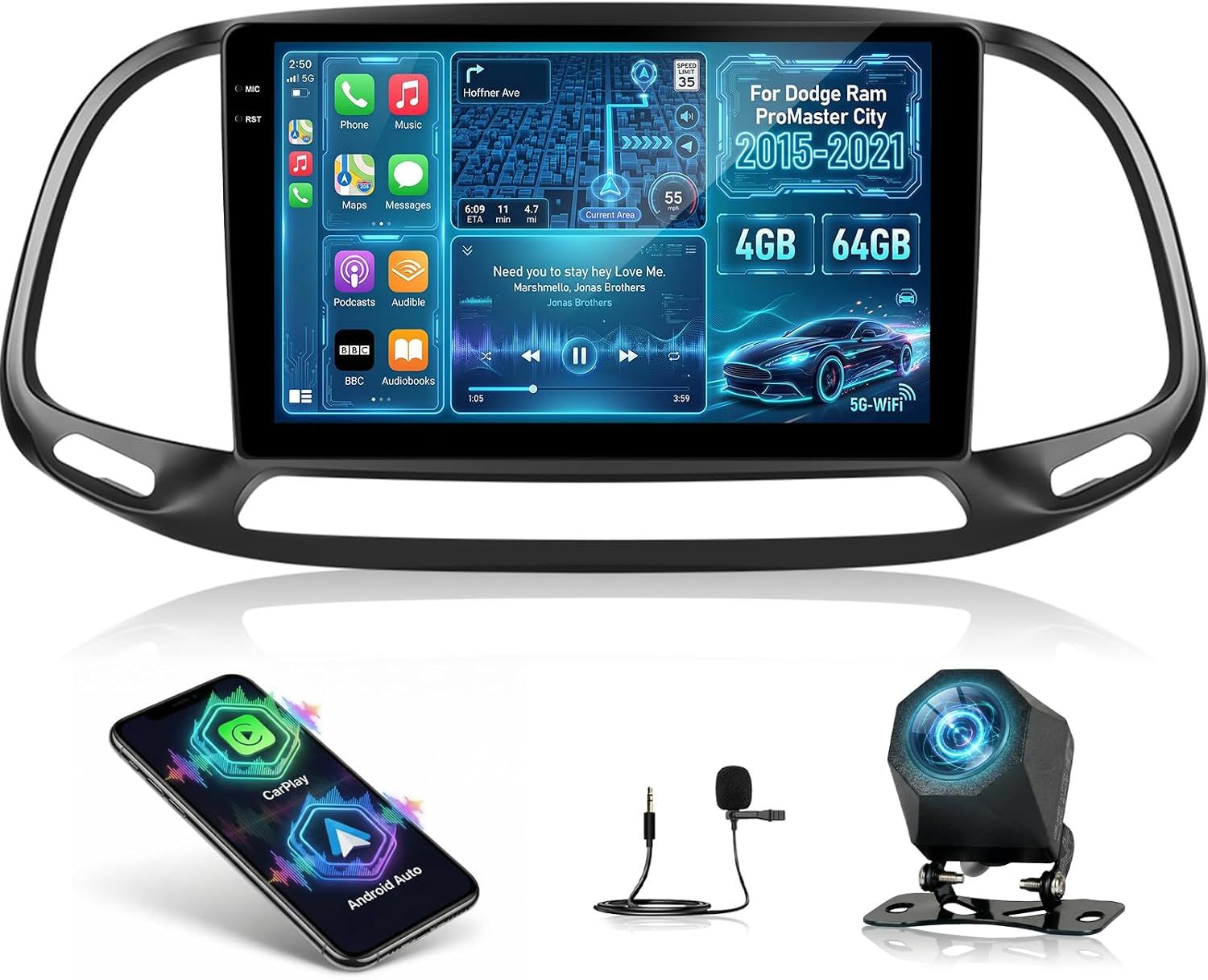 Dodge Ram ProMaster City 2015-2021 Car Stereo with CarPlay, Android &amp; Backup Camera
